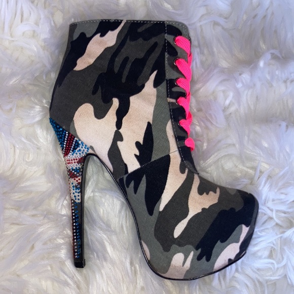 MOCHI Camo UK Rhinestone Lace Up Stiletto Platform Ankle Boots Booties 7 - Picture 15 of 16